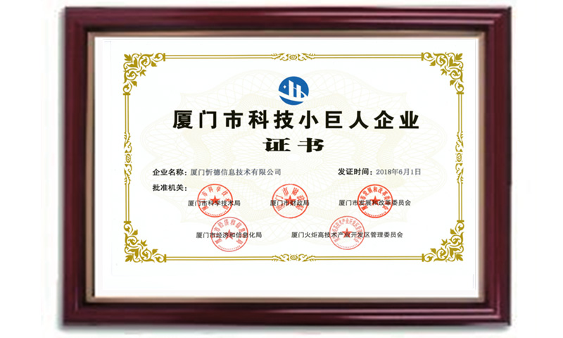 厦门市科技小巨人企业证书